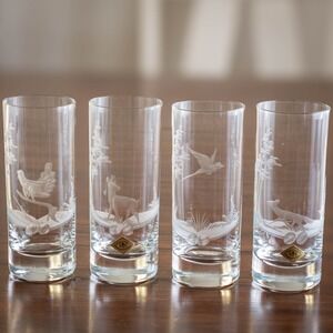 Set of 4 Salzburger Austrian Crystal Vintage Wildlife Etched Highball Glasses
